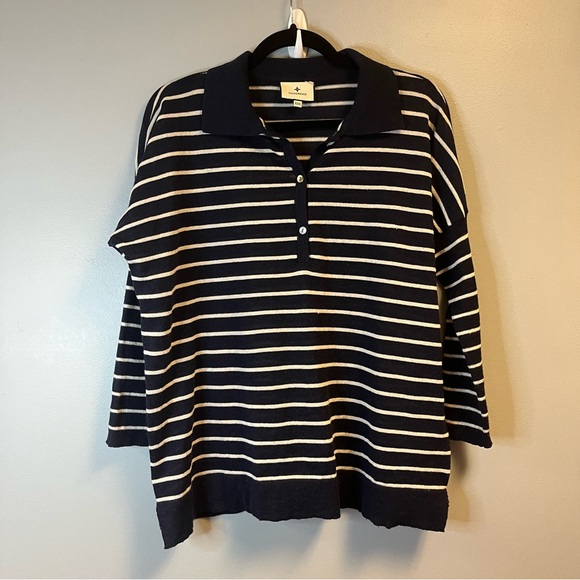 Tuckernuck Sweater Navy & White Striped Clayton 3/4 Sleeve Knit Polo Sz XS/S GUC - Picture 4 of 12